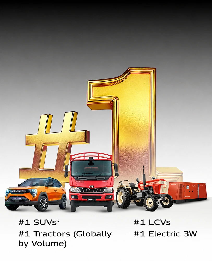 Mahindra's number one leadership represented by SUVs, tractors, LCVs, and generator sets.
